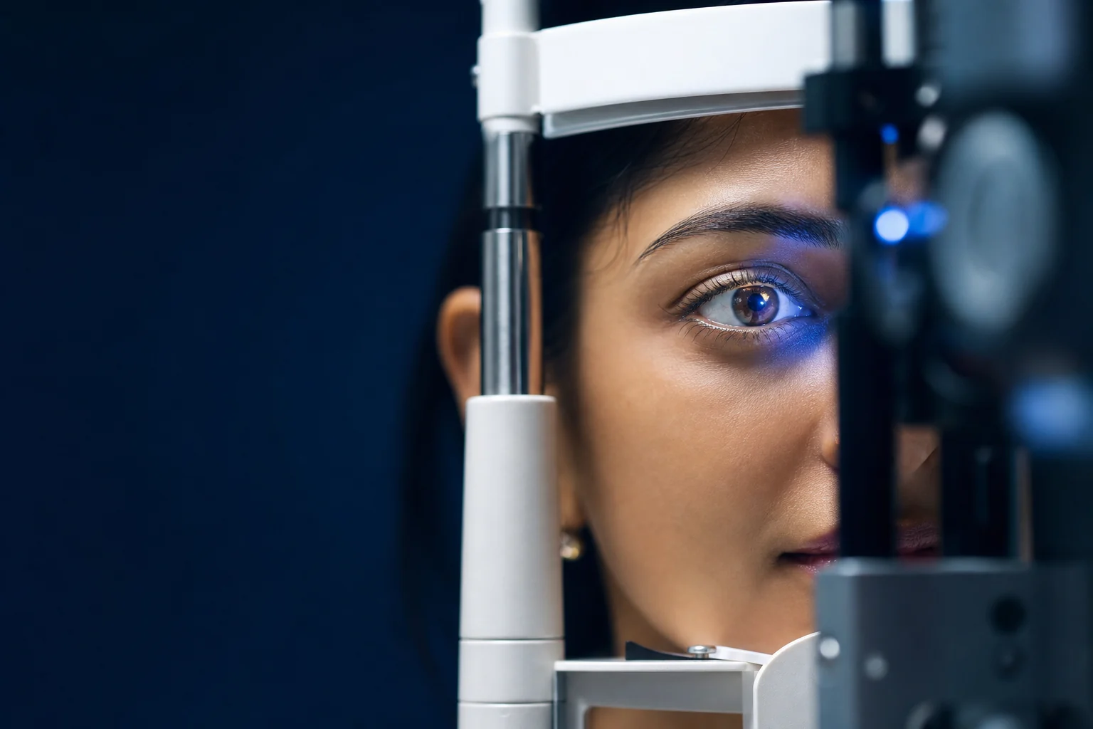 A clear eye being examined with advanced ophthalmic technology