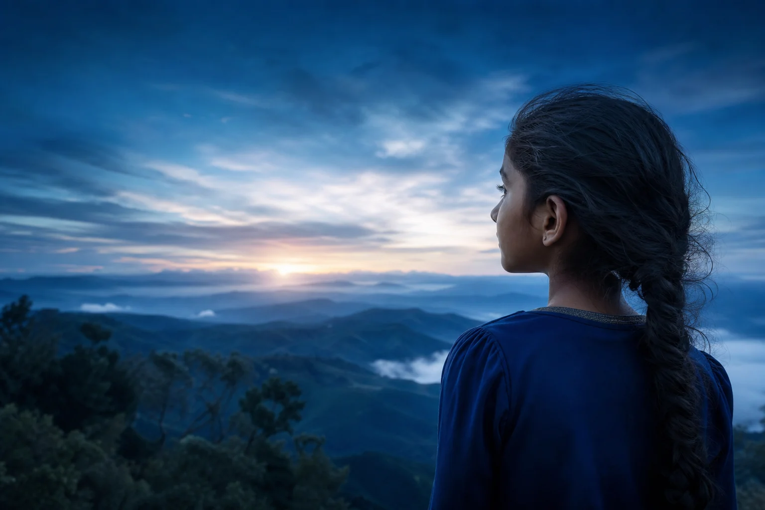 A young Indian girl looking toward a clear, hopeful horizon